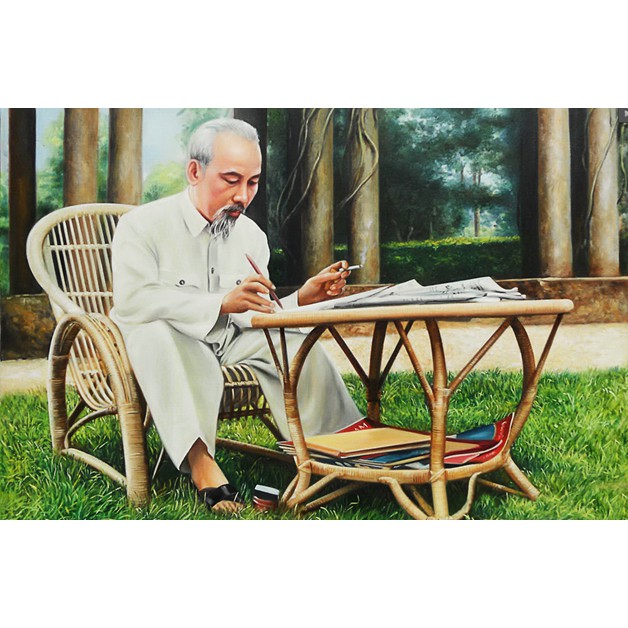 Tranh Đính Đá Bác Hồ Ngồi Ghế Mây 90x60cm