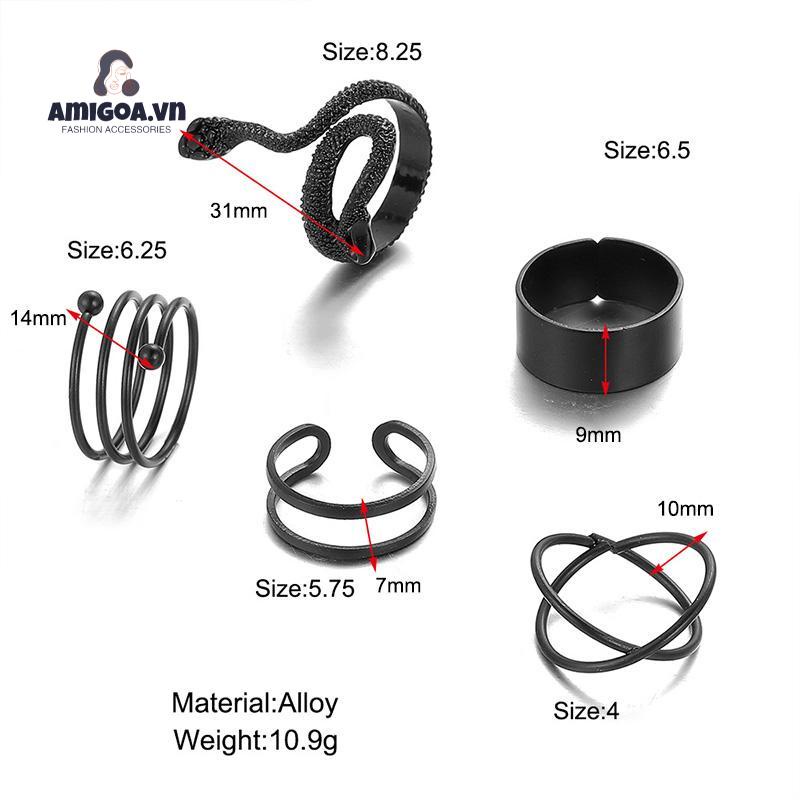 ✨✨Bộ 5 Nhẫn Hình Rắn Màu Đen Thiết Kế Đơn Giản Thời Trang
