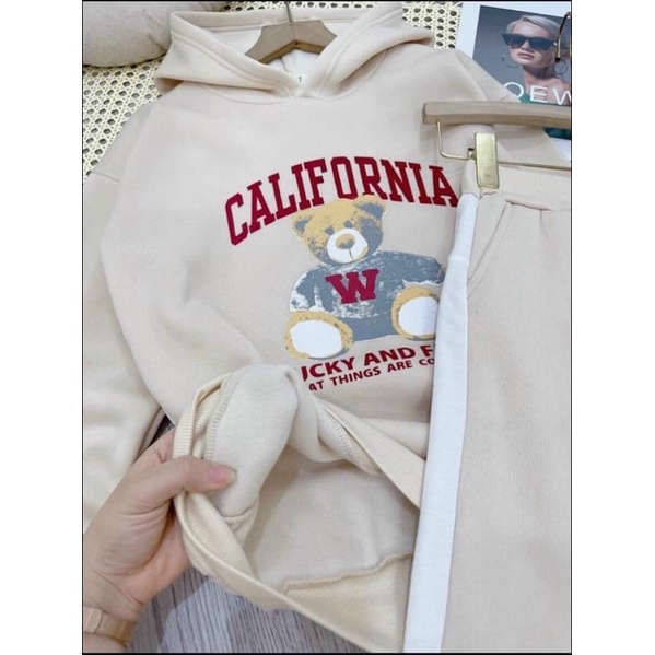 Set bộ nỉ tàu có mũ gấu màu kem chất dày đẹp