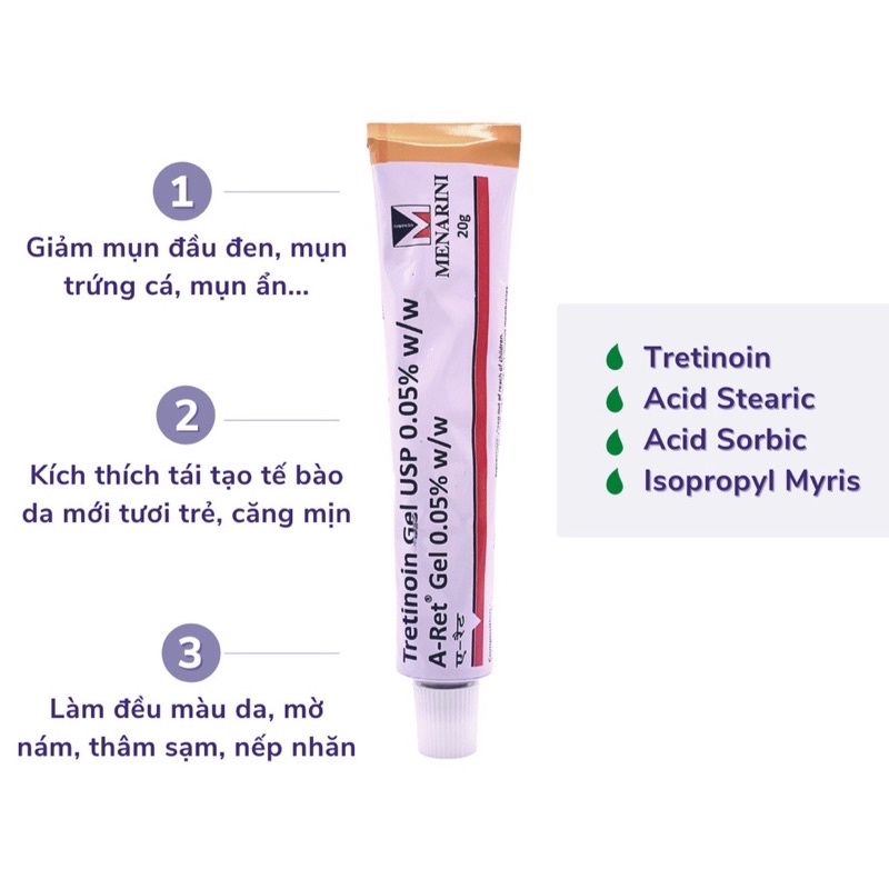 Tre Ấn Độ Tretinoin Aret Giảm Mụn, Mờ Thâm, Trẻ Hóa Da, USP A-Ret Nồng Độ 0.025% 0.05% 0.1% 20g