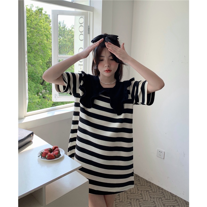 Đầm Xiaozhainv ngắn tay cổ búp bê dáng rộng họa tiết kẻ sọc phong cách Pháp thời trang mùa hè cho nữ