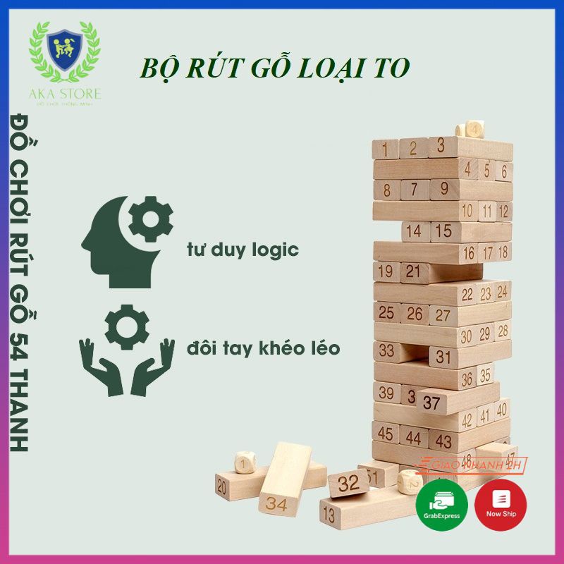 Đồ chơi rút gỗ loại to 54 thanh, bộ đồ chơi rút gỗ size Lớn Nhất 29cm, chất liệu GỖ TỰ NHIÊN CAO CẤP, AKA Store