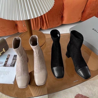 (hình thật) Boot lửng da lộn (nỉ) mũi da gót vuông cao cấp