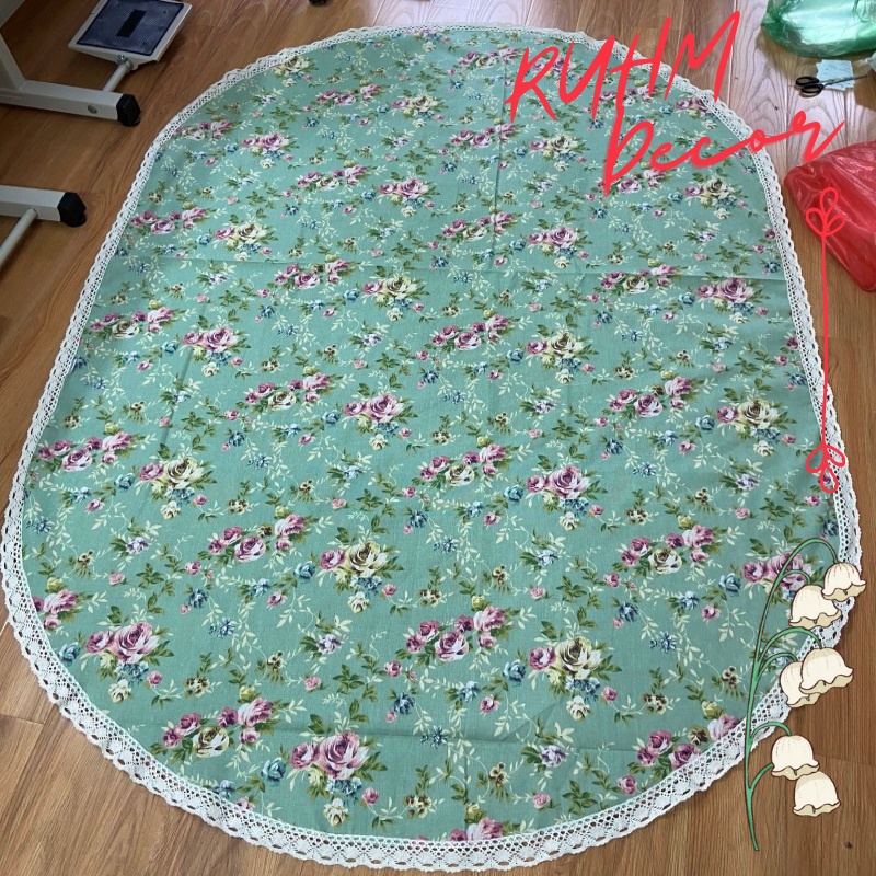 Khăn trải bàn làm việc vải bố canvas trang trọng, lịch sự - họa tiết Hoa xanh vintage - KB-K04