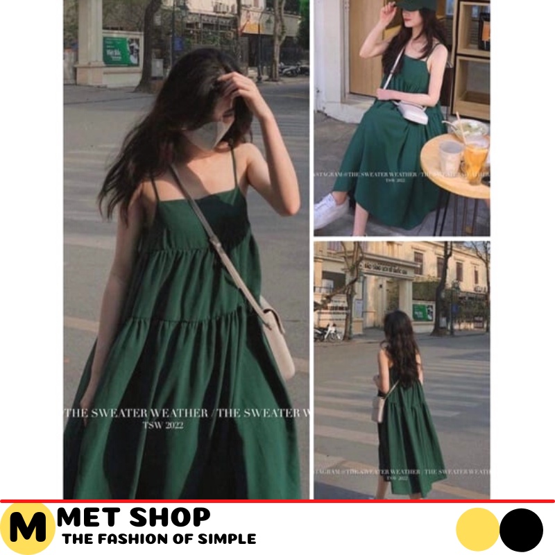 Váy hai dây suông babydoll -Đầm dài màu xanh hở lưng bồng bềnh đi biển mùa hè. MET SHOP 1989