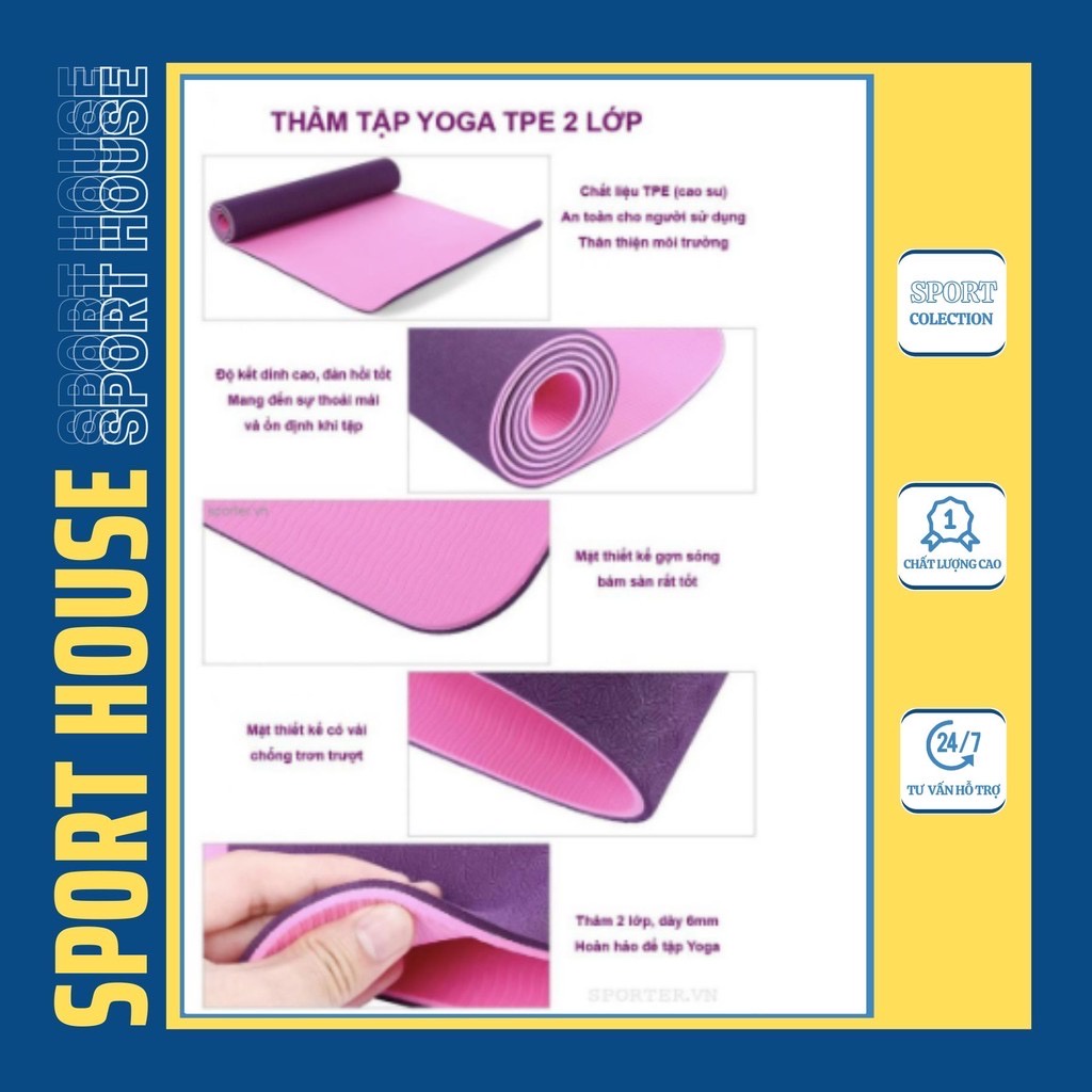 Thảm tập yoga TPE 2 lớp 6mm, thảm yoga pilates cao cấp