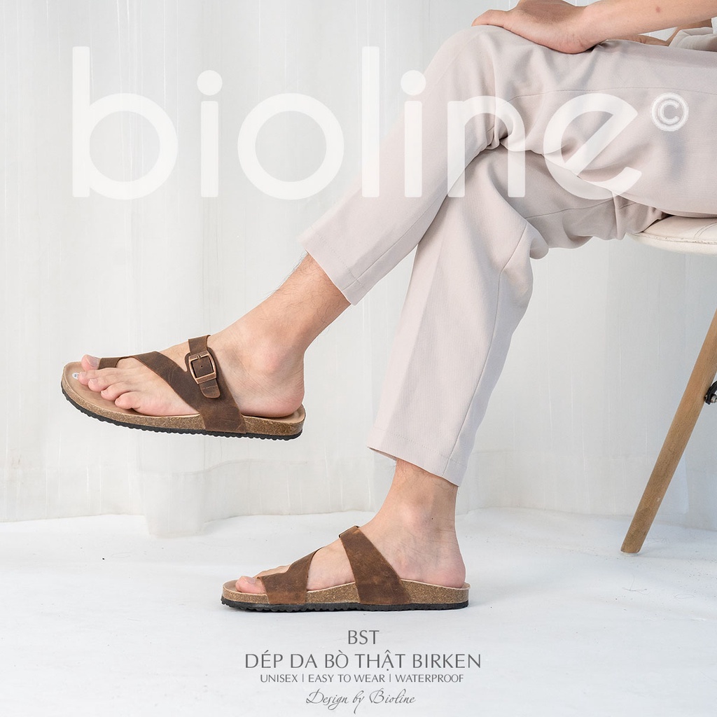 DK24-LÓT CHỐNG NƯỚC- Dép đế trấu Birken da bò thật nam nữ unisex xỏ ngón BIOLINE