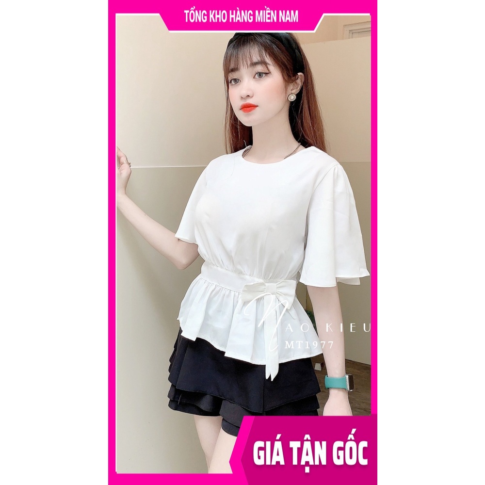 Áo kiểu công sở nữ chất vải MT mềm mát tay loe phối nơ dễ thương MT1977