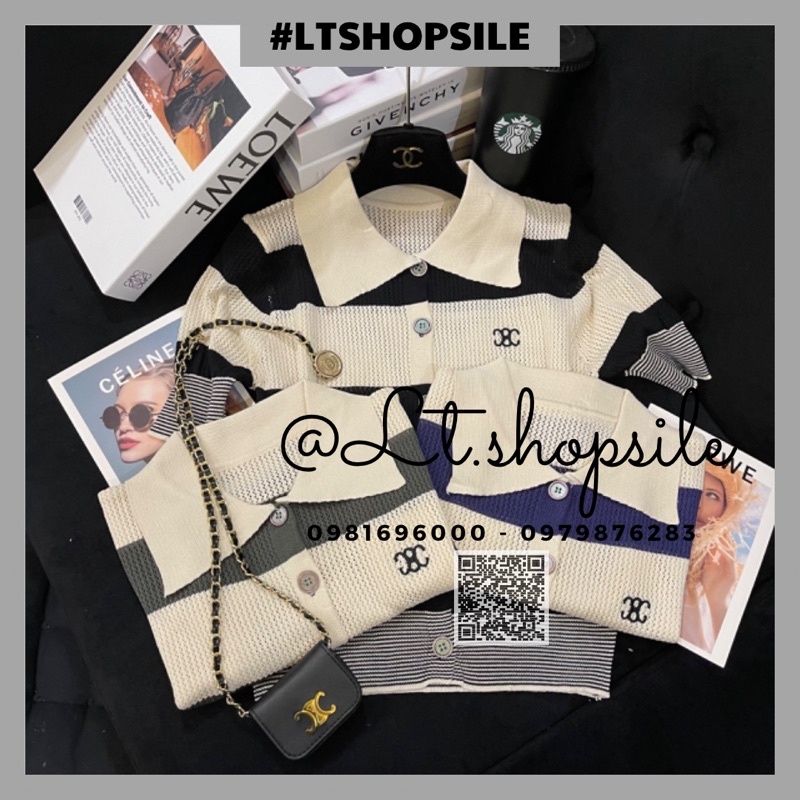 Áo len lưới cổ bẻ phối kẻ ngang 3 màu, Hàng Quảng Châu loại 1