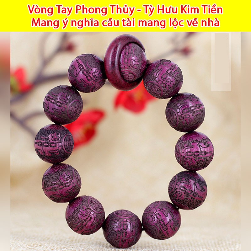 VÒNG TAY HẠT GỖ Phong Thủy - Gỗ Đàn Hương Tím - Trạm khắc Tỳ Hưu chiêu tài, cầu tài mang lộc vào nhà
