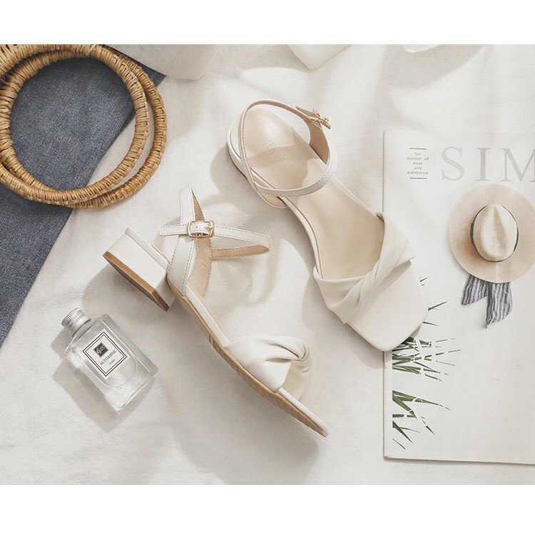 Giày Sandal cao gót nữ 4 phân da mềm thời trang phong cách vintage Hàn Quốc