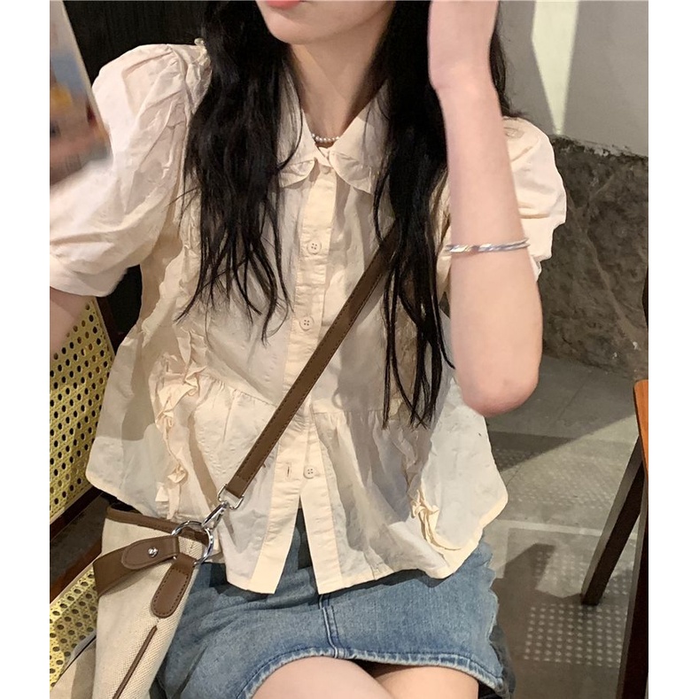 Áo Sơ Mi Tay Ngắn Phồng Cổ Búp Bê Họa Tiết Sọc Caro Phong Cách Pháp Cho Nữ