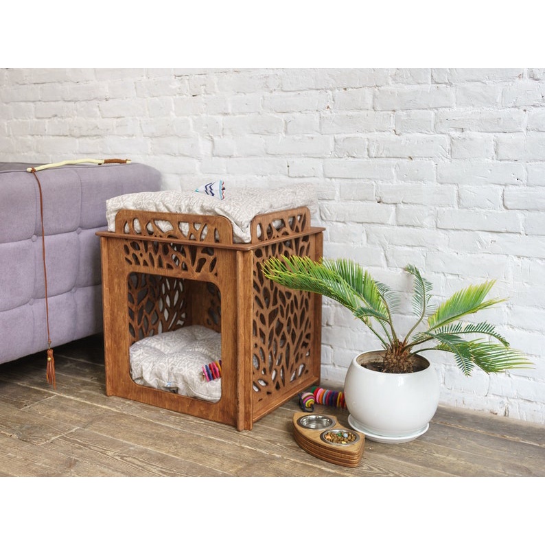 Chuồng chó mèo bằng gỗ lắp ghép TiTi Wood WCA01 gia công cắt CNC cao cấp cho thú cưng