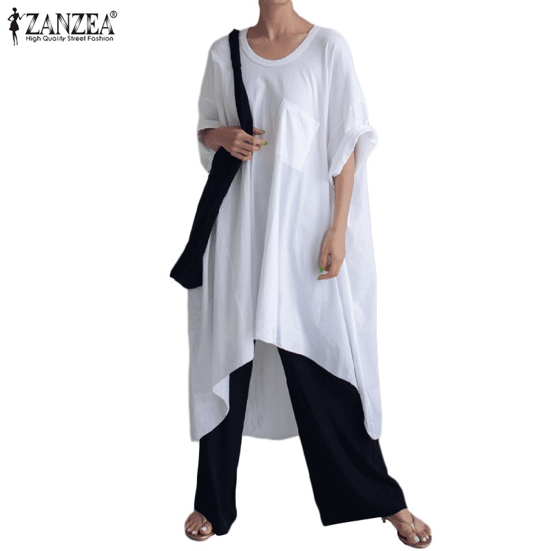 Áo dáng dài rộng ZANZEA tay lửng màu trơn thiết kế tà không cân xứng thời trang thường ngày cho nữ