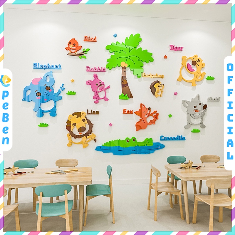 Tranh dán tường mica 3d decor Học tên các con vật Trang trí nhà trẻ, phòng cho bé, Tiếng Anh Nhiều Size - EPeBen