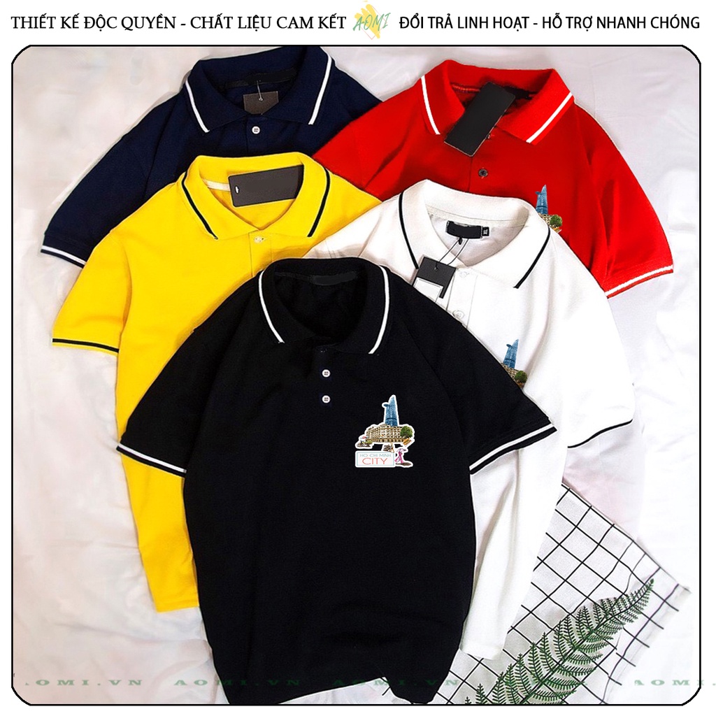 ÁO POLO SÀI GÒN HỒ CHÍ MINH CITY CÁ SẤU MÈ ĐEN TRẮNG VÀNG UNISEX PHÔNG NAM NỮ THUN CỔ BẺ BASIC GIA ĐÌNH AOMIVN