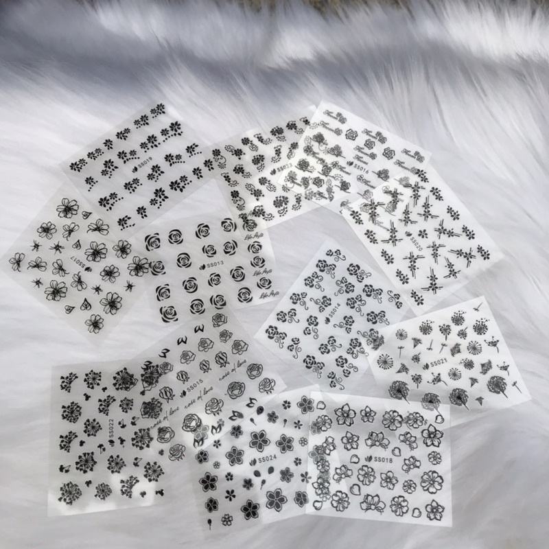 Sticker dán móng nail hoa lá vẽ nét đen