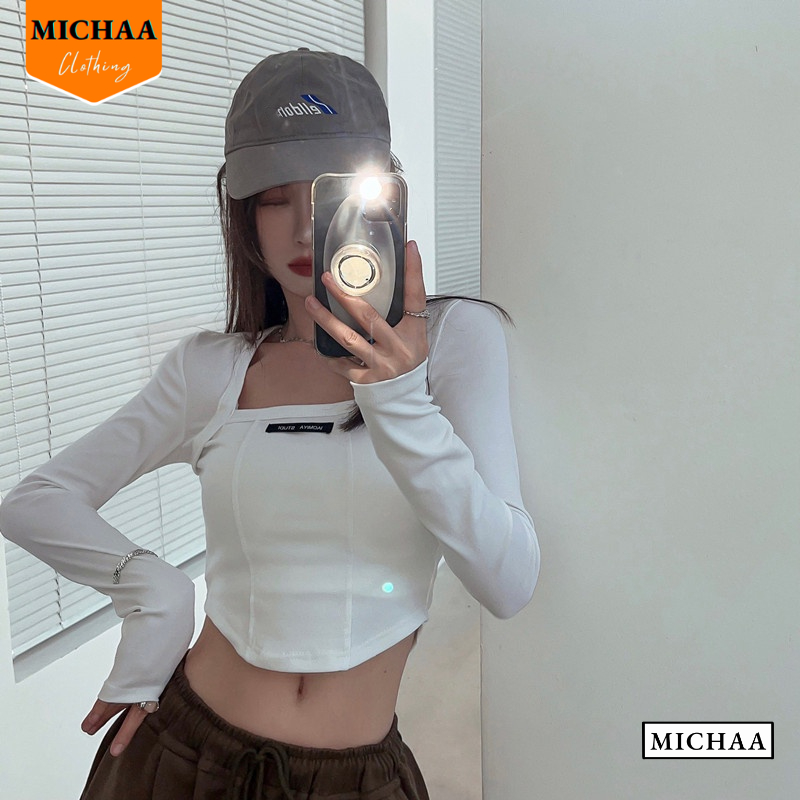 Áo Croptop Nữ Cổ Vuông Tay Dài LOGO NGỰC Ôm Body, Áo Thun Kiểu Sexy Chất Borip - MICHAA CR12