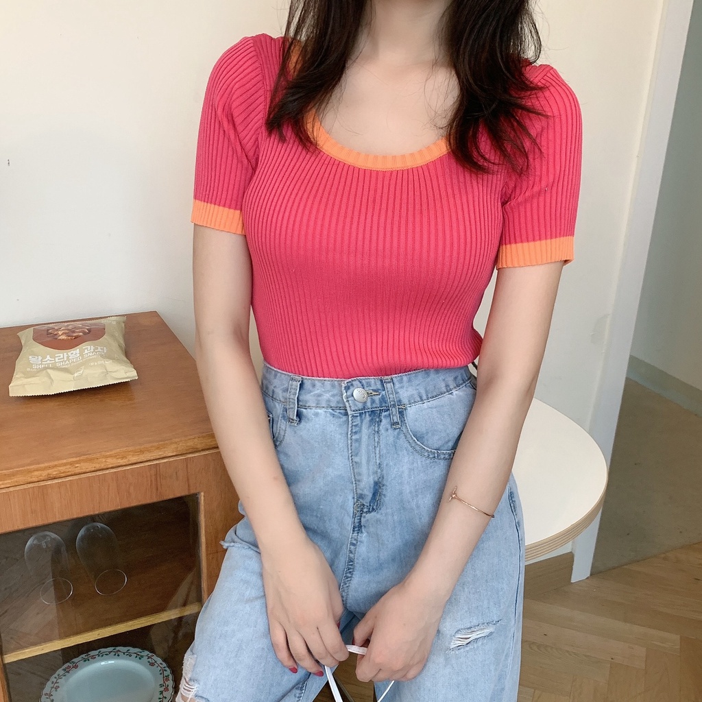 Porozi  Áo thun crop top  tay ngắn cổ vuông eo cao 4 màu lựa chọn phong cách Hàn Quốc cho nữ