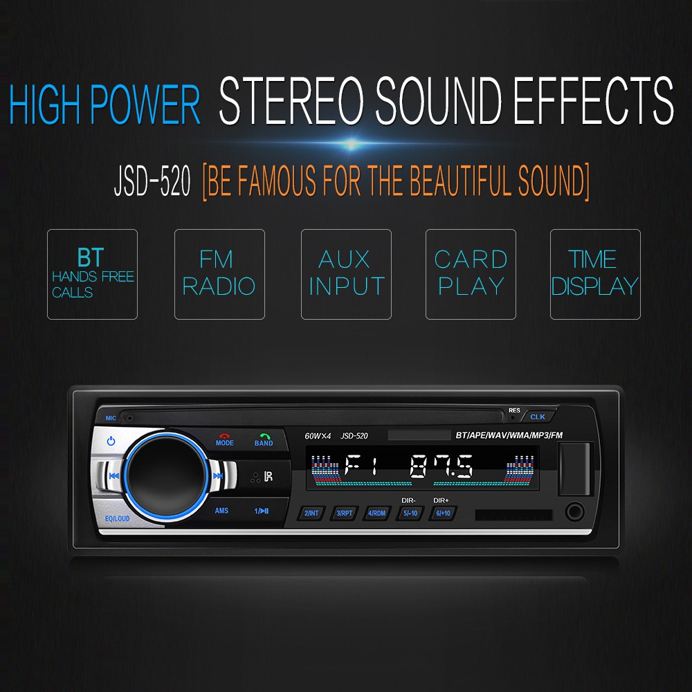 JSD-520 Bluetooth Car Audio Player Car Radio Stereo Autoradio 12V In-dash FM Aux Input Receiver SD Card Slot USB MP3 MMC WMA