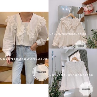 Áo sơmi cổ ren bèo cúc bọc xinh xắn/Áo sơmi ulzzang