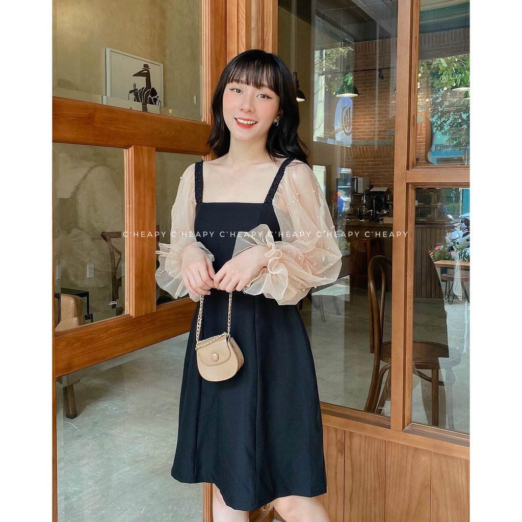 Đầm xòe cổ vuông tay lưới bi xinh xắn có mút ngực