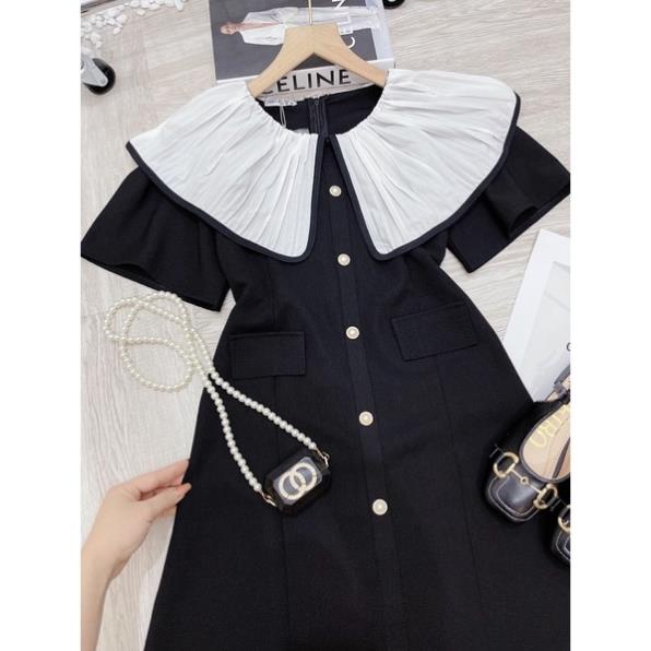 VÁY ĐEN CÚC NGỌC CỔ DẬP LY BÈO TRẮNG 2 SIZE