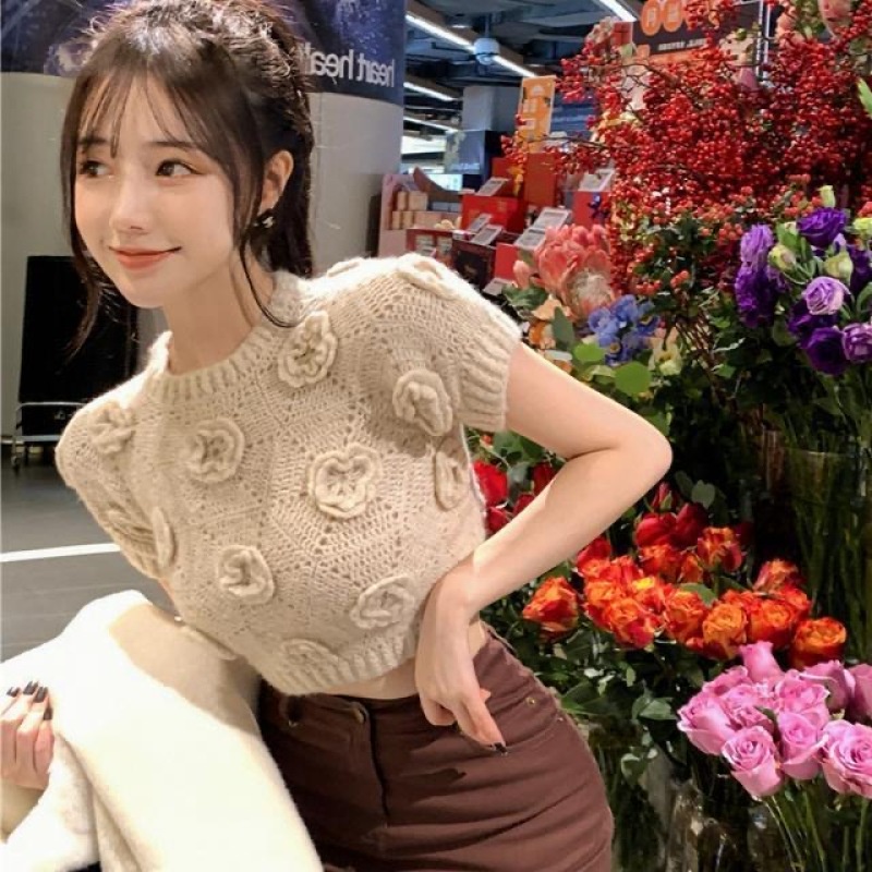 Áo Dệt Kim Nữ Tay Ngắn In Hoa Thời Trang