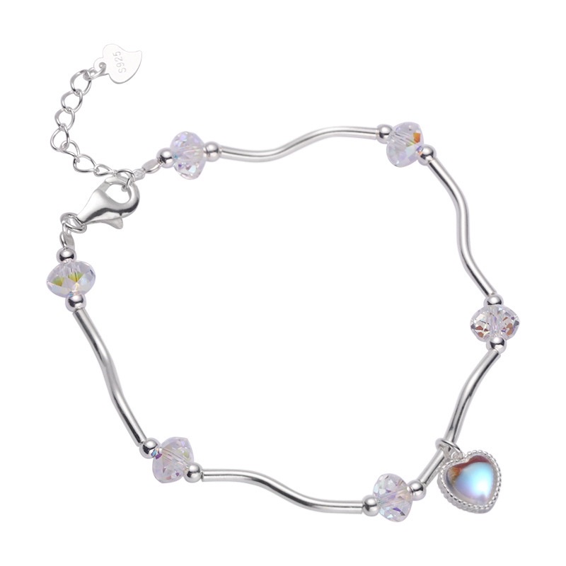 Lắc tay gợn sóng đá moonstone trái tim nhân tạo bạc 925, lắc tay bạc trái tim dây gợn sóng Blackmeo