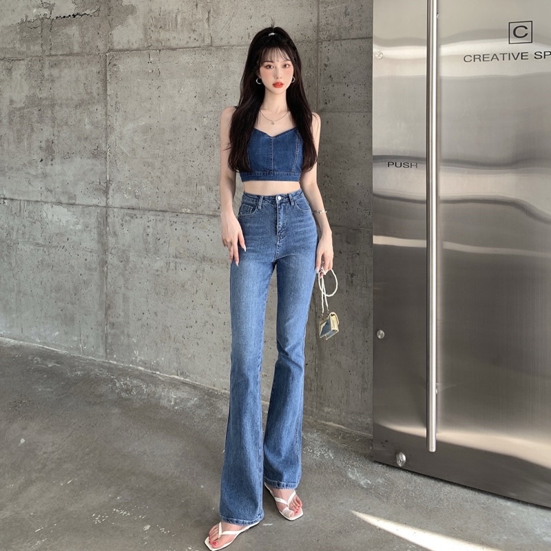 Quần jean loe xanh đậm may gấu
