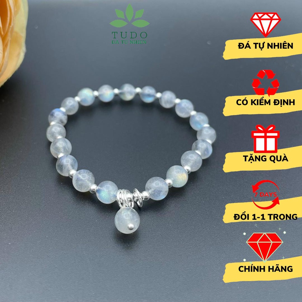 Vòng charm bạc TUDO Xà Cừ màu xám ánh xanh 8li mix bi bạc và lắc quả xinh xắn - nữ Thủy Mộc