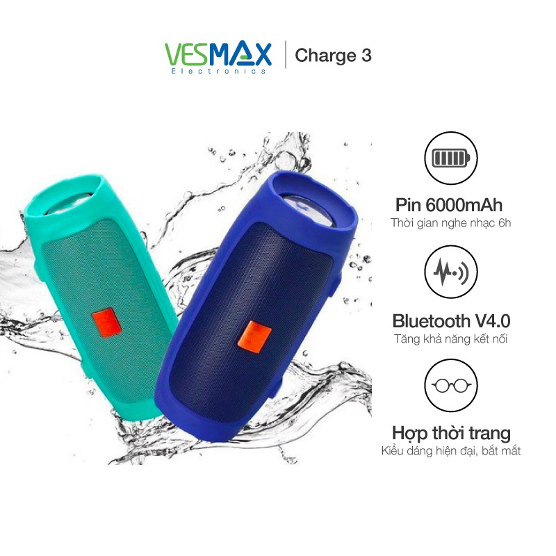 Loa bluetooth không dây Mini Charge 3 kèm cáp sạc hỗ trợ cắm thẻ nhớ và USB, chống nước chuẩn IPX7, bảo hành 3 tháng