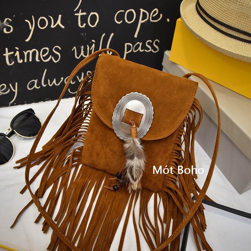 Túi xách boho to tua rua da lộn
