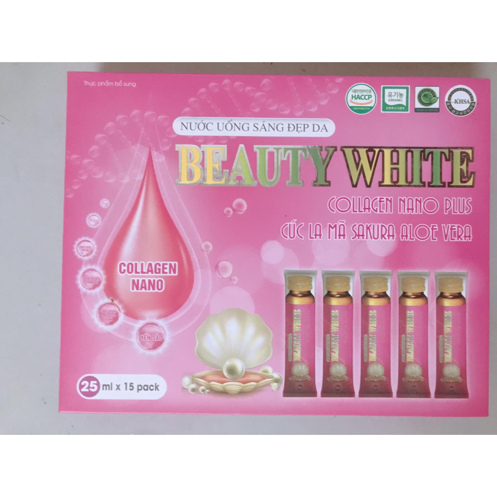 Nước uống sáng đẹp da Beauty White Collagen Nano Plus Cúc La Mã Sakura Aloe Vera (hộp 15 túi nước )