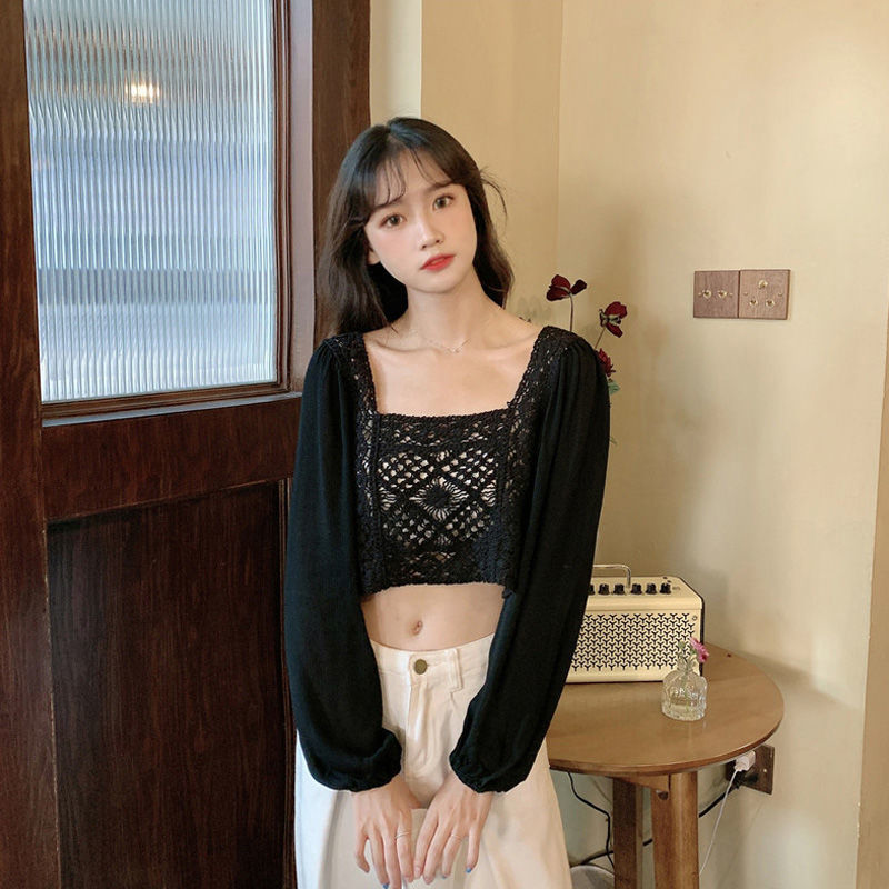 Áo voan chiffon tay dài phối ren phong cách Hàn Quốc cho nữ