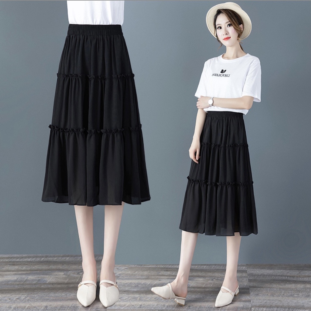 Chân váy dài nữ NHẬT LINH chân váy dáng xòe nhún bèo dài qua gối - CV444