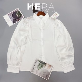 Áo sơ mi trắng lụa satin tay bồng