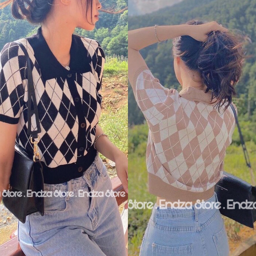 Áo len tăm croptop ô trám. Áo len dệt kim kẻ sọc caro Hàn Quốc - ENDZA STORE
