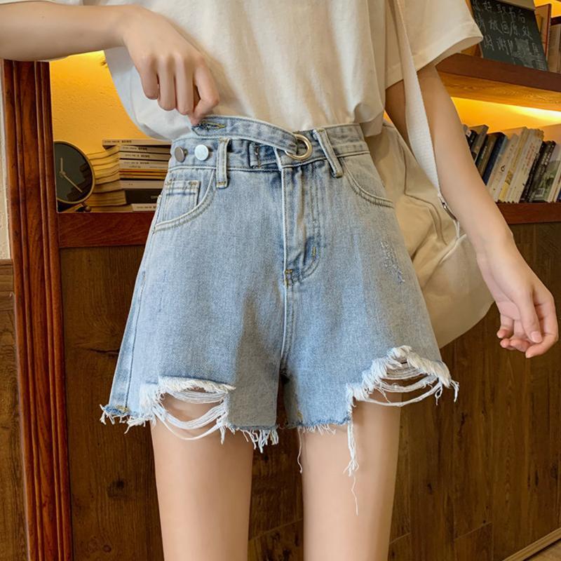 Quần short jean lưng cao dáng chữ A phối rách phong cách mùa hè thời trang cá tính cho nữ