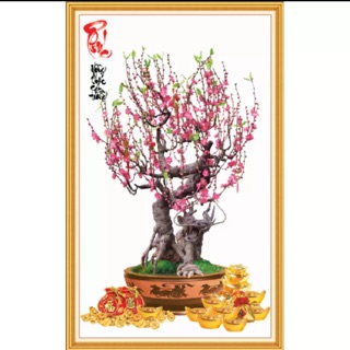 Tranh dán tường phong thủy Bonsai hoa đào chữ ( Phúc) 50x80