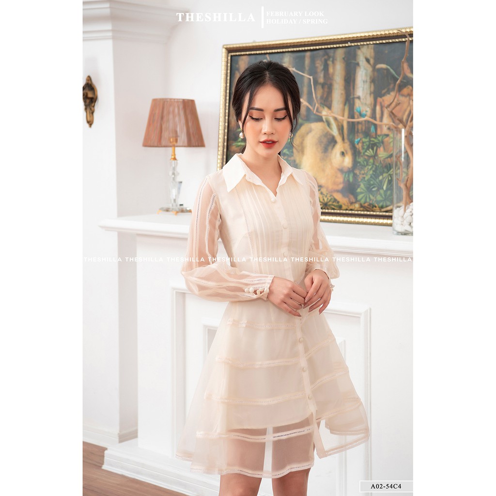 Váy thiết kế cao cấp màu kem tay dài đính nút viền ren [ Có video + Ảnh thật ] The Shilla - A02-54C4