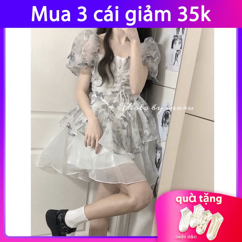 Đầm cổ vuông tay phồng phối ren họa tiết bướm thiết kế xinh xắn cho nữ