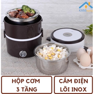 Hộp cơm cắm điện hâm nóng giữ nhiệt cho văn phòng hình Tròn 3 tầng Lõi Inox mã 15006