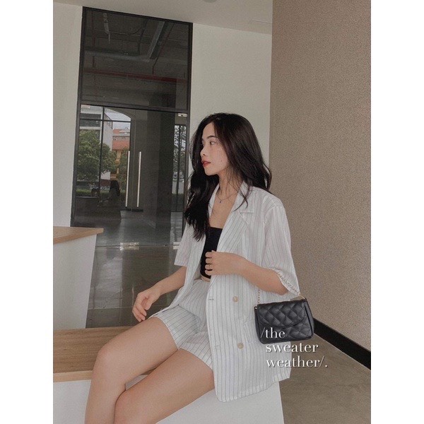 ( Ảnh thật ) Set blazer kẻ sọc dọc kèm quần short dáng rộng, set vest sọc basic | BigBuy360 - bigbuy360.vn