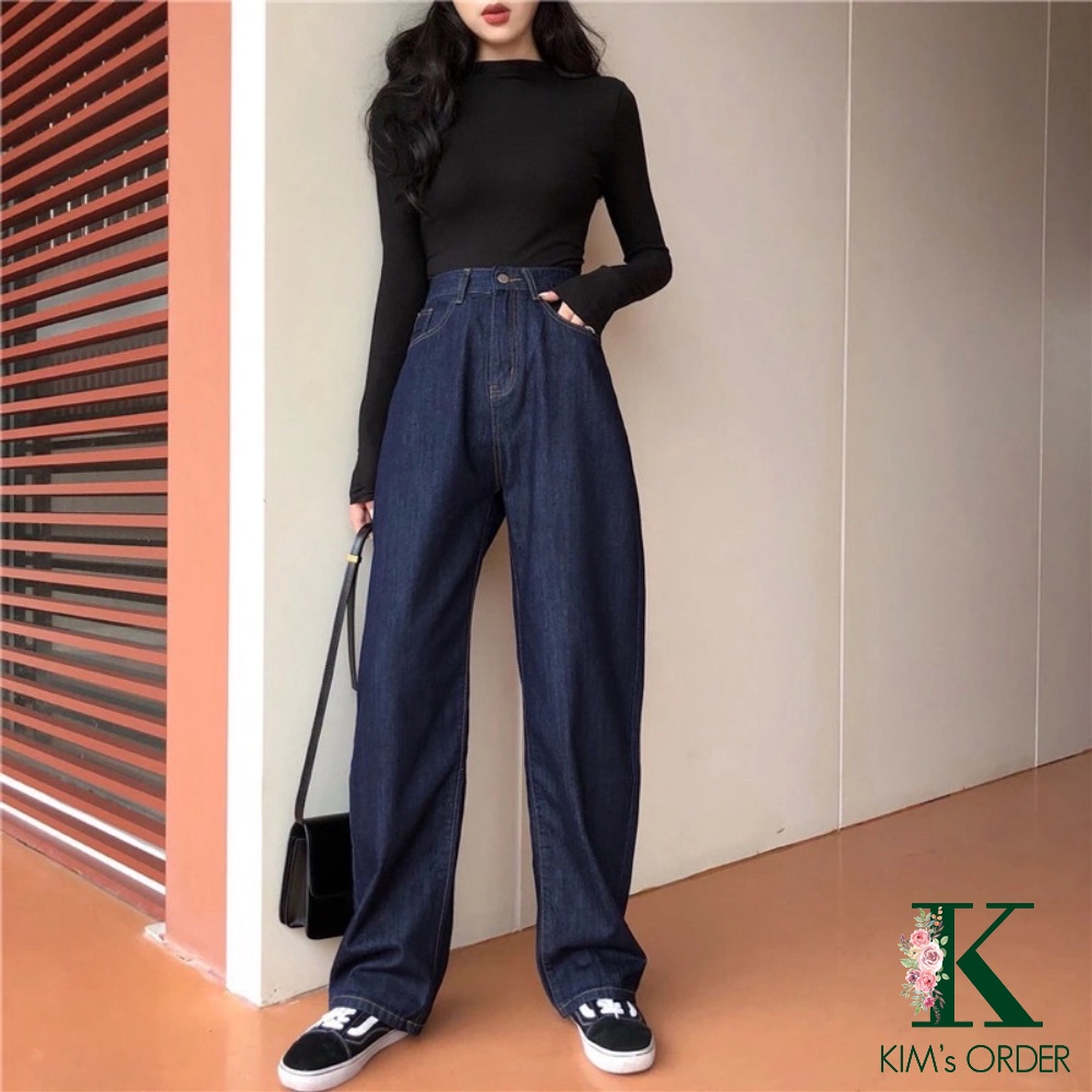 Quần Jean Nữ Màu Xanh Than Cạp Cao Ống Rộng Dáng Suông Phong Cách Ulzzang Hàn Quốc Basic Đi Học Đi Làm Đi Chơi