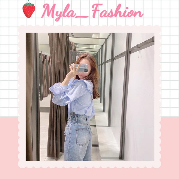 Áo sơ mi xốp cổ viền bèo đính cúc ngọc phong cách vintage