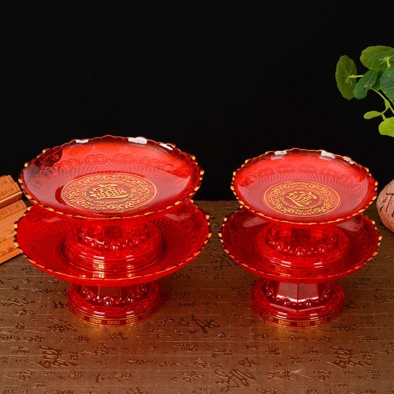 Đĩa hoa quả ban thờ, đĩa trái cây thờ cúng, chất liệu nhựa cao cấp mô phỏng thuỷ tinh, bề rộng 22cm đựng 5 quả to