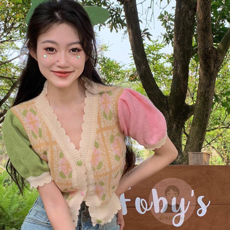 Áo Cardigan Ngắn Tay Cổ Chữ V Màu Sắc Tương Phản Phong Cách Vintage Dành Cho Nữ
