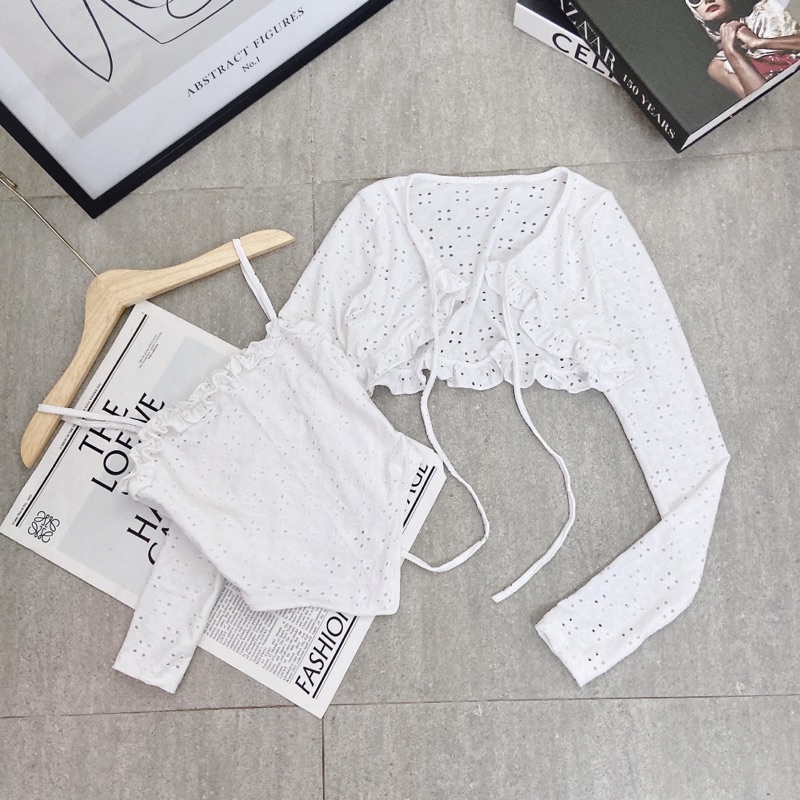 XÃ LỖ SET 2 MÓN CROP ÁO TRẮNG 2 DÂY VIỀN BÈO + KHOÁC CỘT DÂY