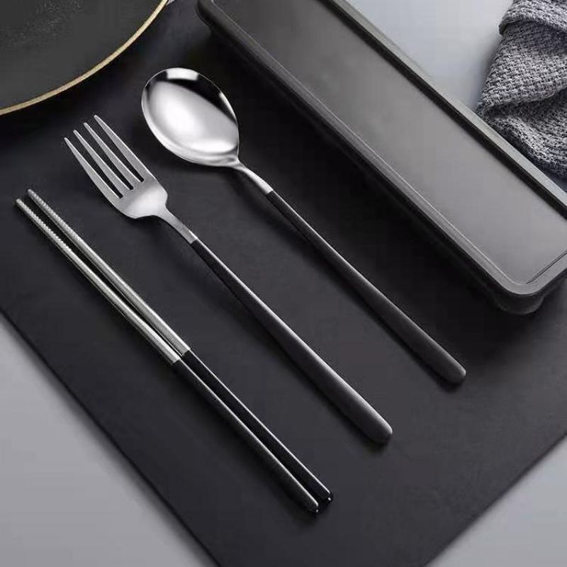 Bộ muỗng, nĩa ,đũa, chất liệu inox 304 , ma vàng , dụng cụ ăn cơm trưa văn phòng, dã ngoại, cá nhân